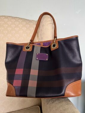 Bean Pole Purple & Tan Canvas Check Tote Bag